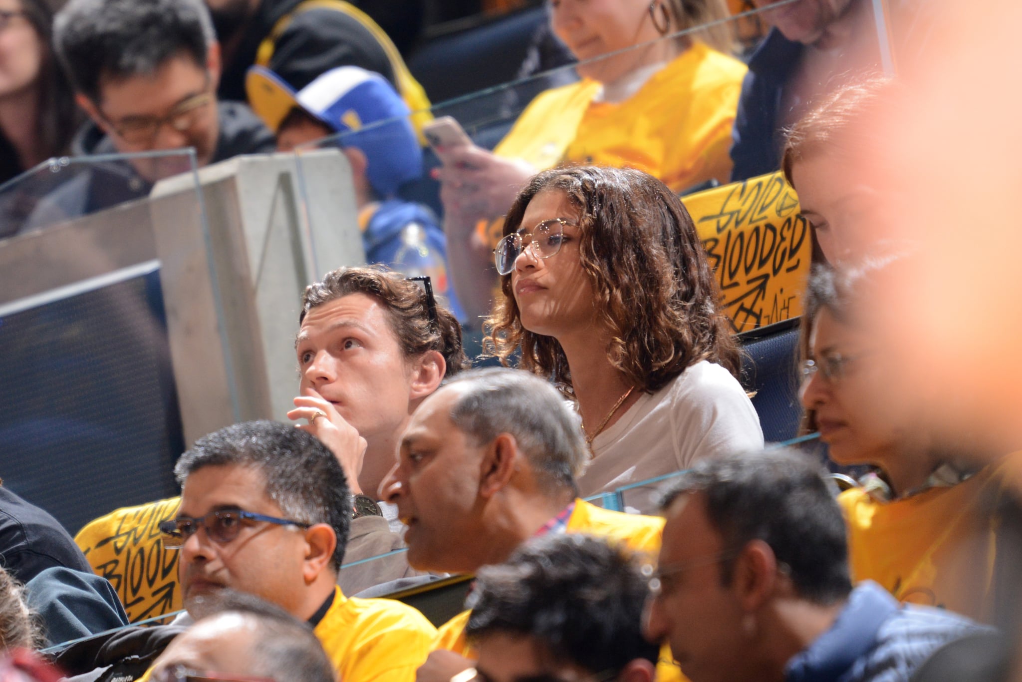 SAN FRANCISCO, CA - MAY 4: Zendaya and Tom Holland attend a game between the Los Angeles Lakers and Golden State Warriors during Game 2 of the 2023 NBA Playoffs Western Conference Semifinals on May 4, 2023 at Chase Centre in San Francisco, California. NOTE TO USER: User expressly acknowledges and agrees that, by downloading and or using this photograph, user is consenting to the terms and conditions of Getty Images Licence Agreement. Mandatory Copyright Notice: Copyright 2023 NBAE (Photo by Noah Graham/NBAE via Getty Images)