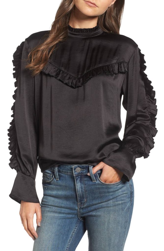 Treasure & Bond Women's X Something Navy Ruffle Satin Blouse
