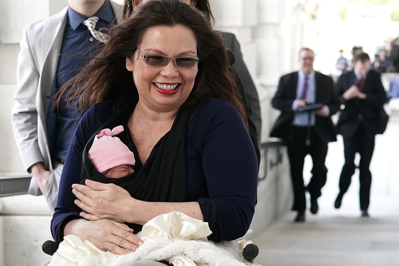 WASHINGTON, DC - APRIL 19:  U.S. Sen. Tammy Duckworth (D-IL) arrives at the U.S. Capitol with her newborn baby daughter Maile Pearl Bowlsbey for a vote on the Senate floor April 19, 2018 on Capitol Hill in Washington, DC. The Senate has voted through by u