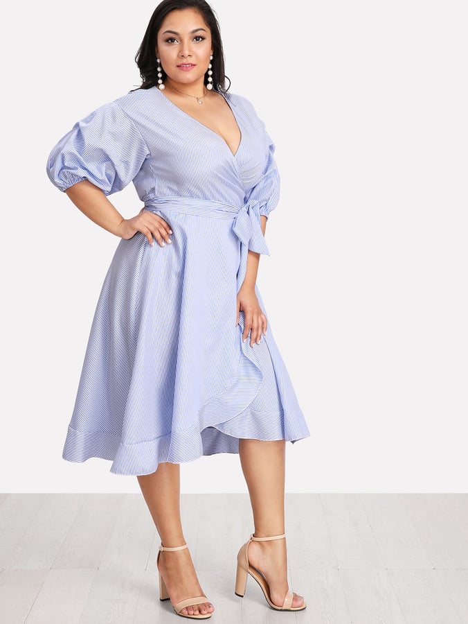 SheIn Lantern-Sleeve Ruffle-Trim Pinstripe Dress