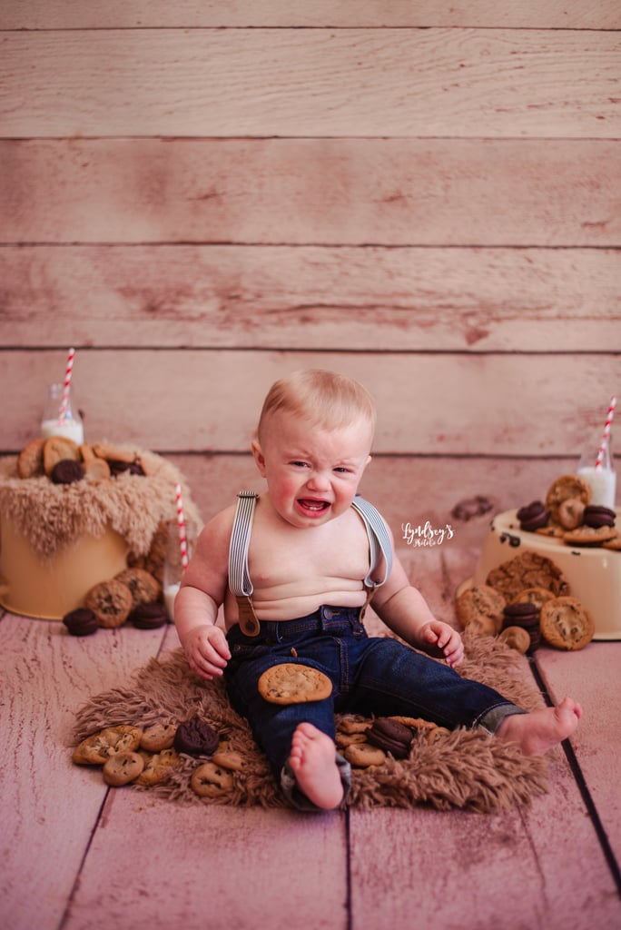 Photos of Baby Asleep During Milk and Cookies Birthday Shoot