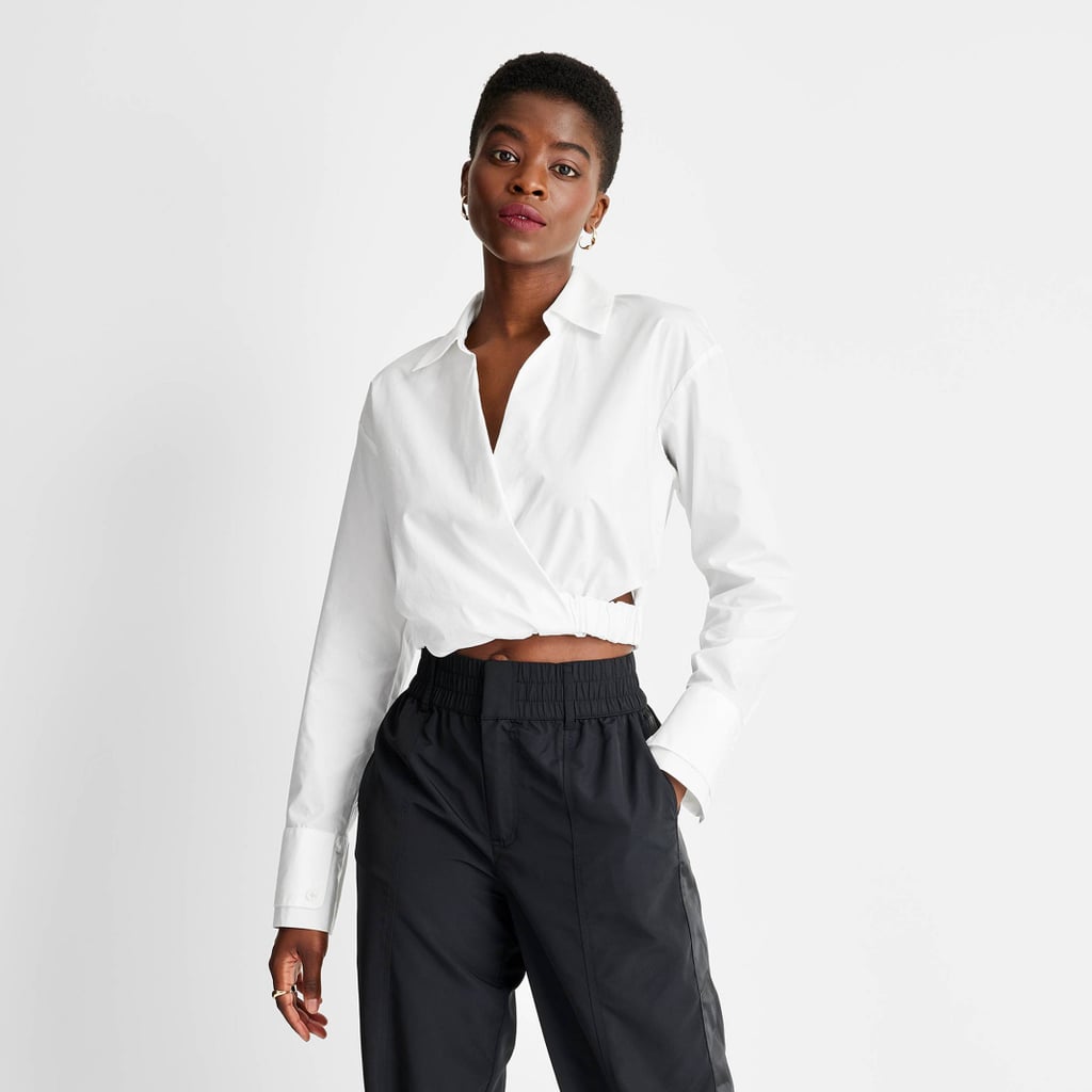 Tailored Blouse: Future Collective with Kahlana Barfield Brown Long Sleeve Crop Blouse