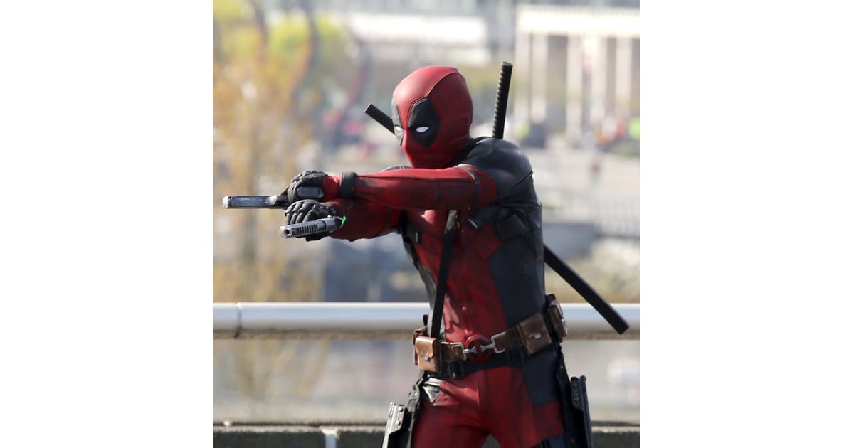 Here He Is In His Deadpool Costume Deadpool Set Pictures With Ryan Reynolds Popsugar 