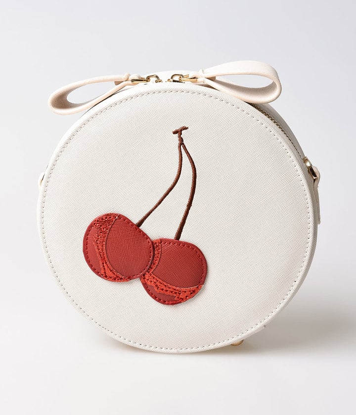 Unique Vintage Cream & Red Cherry Leatherette Round Shoulder Bag