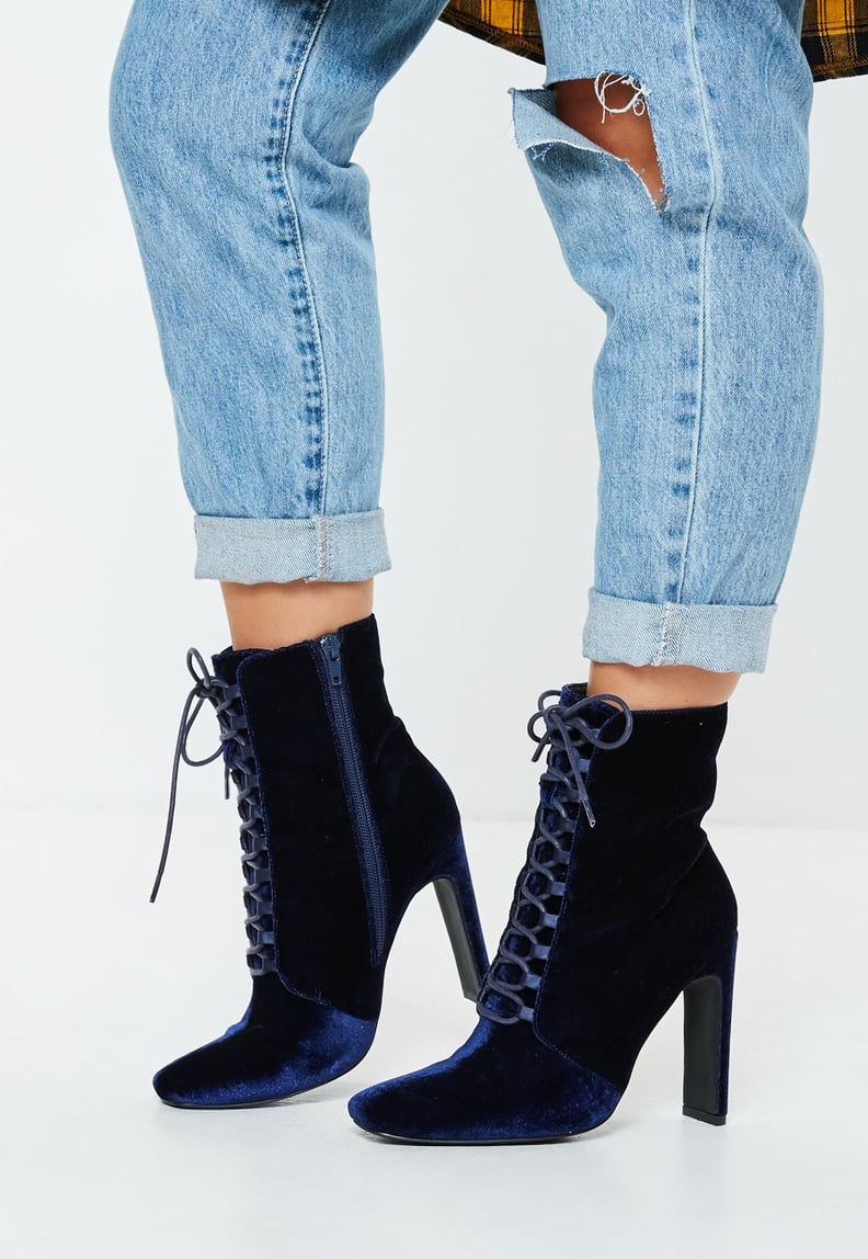 Missguided Navy Velvet Lace Up Heel Boots