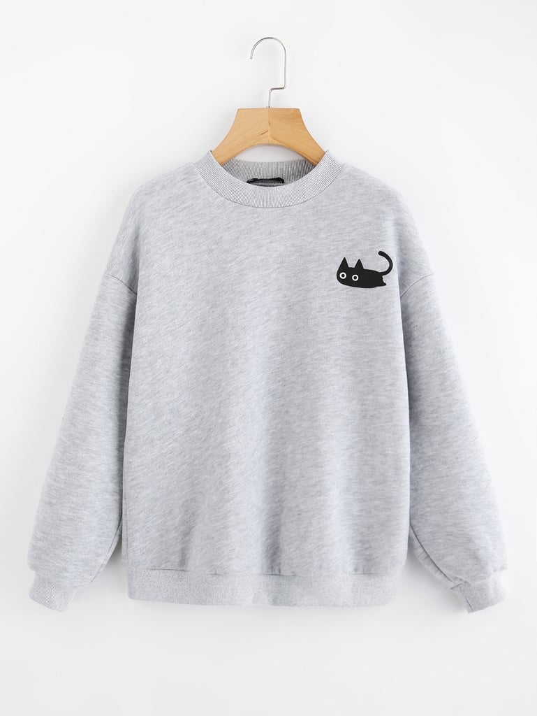 Shein Cat Print Heather Knit Pullover
