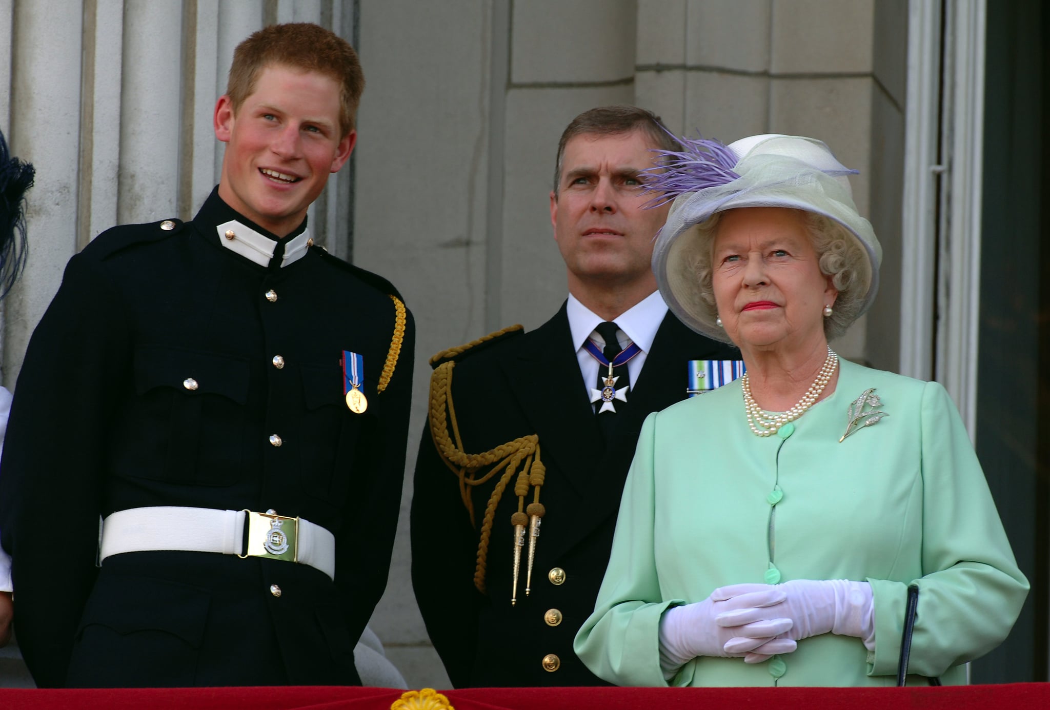 Queen Elizabeth II with Prince Harry and Prince Andrew in 2005