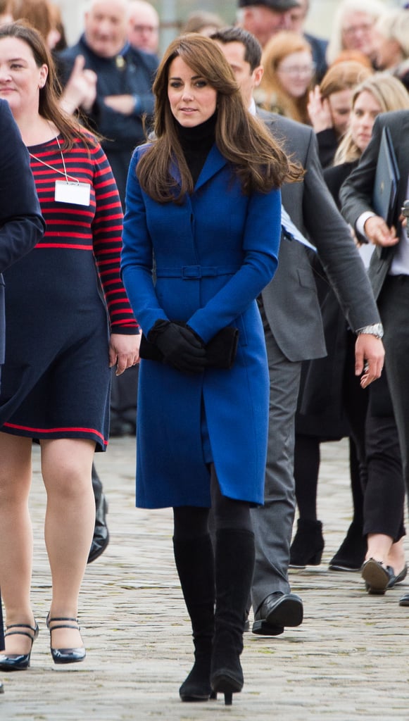 Kate wearing a blue Christopher Kane coat in October 2015.