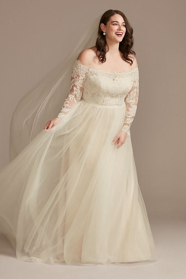 David's Bridal Lace Applique Off Shoulder Wedding Dress