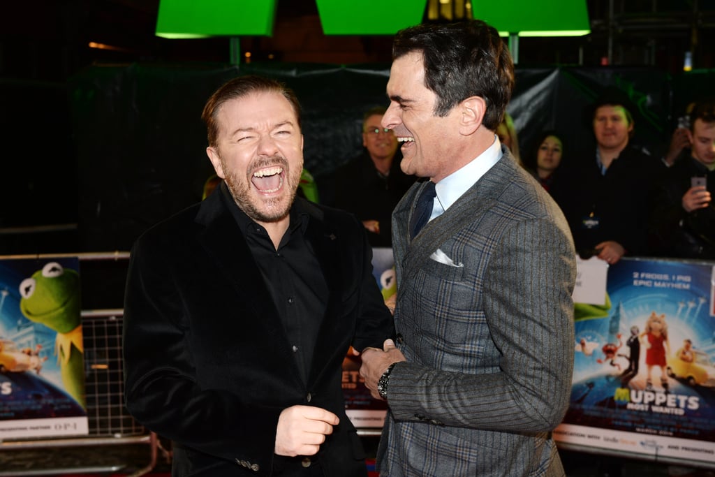 Ricky Gervais and Ty Burrell shared a laugh at The Muppets: Most Wanted premiere in London on Modnay.