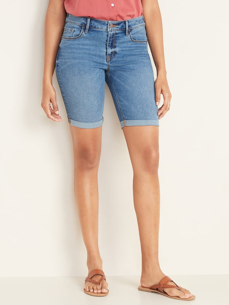Mid-Rise Cuffed Bermuda Slim Jean Shorts for Women