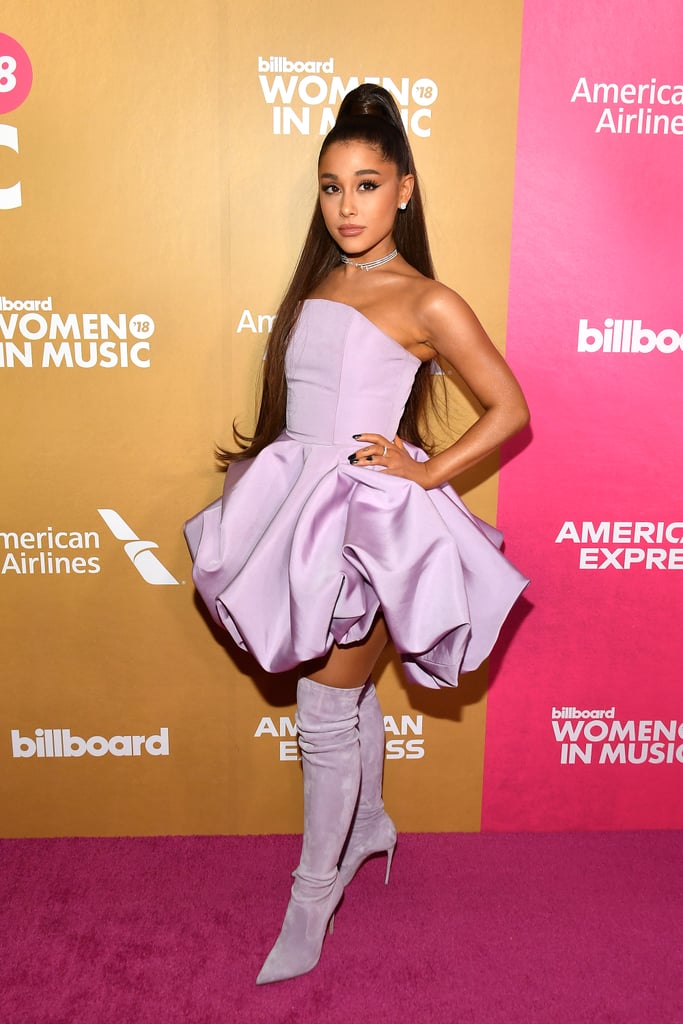 After a brief break from the public eye and her breakup with Pete Davidson, Ariana came out strong for Billboard's Women in Music event in NYC in December. She wore a Christian Siriano "loofah" dress, coordinated with Le Silla boots and jewels from Tiffany & Co.