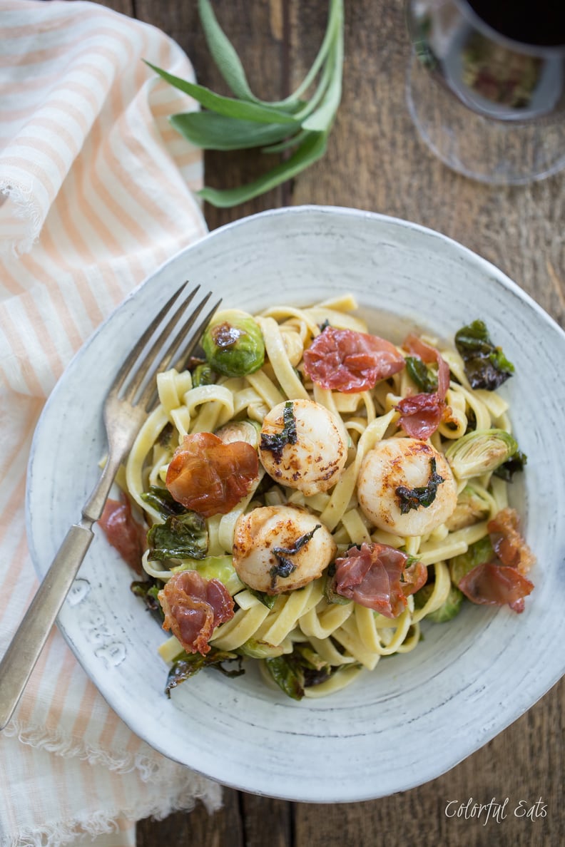 Browned Butter Sea Scallop Pasta with Sage, Brussels Sprouts & Crispy Prosciutto