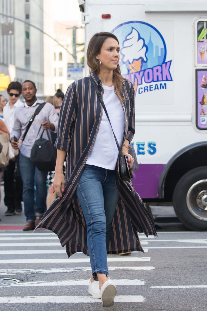 Jessica Alba Wearing a Striped Duster Coat