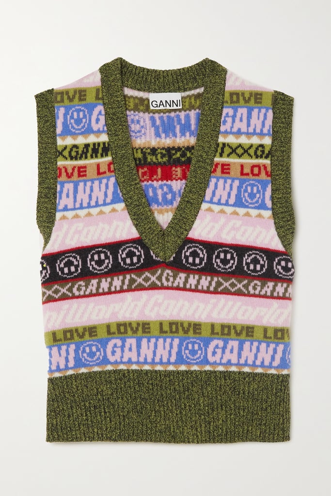 Ganni Green Recycled Wool-Blend Jacquard Vest
