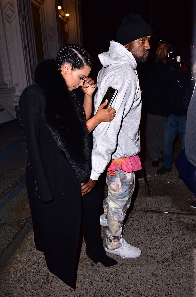 The night Kim opted for furry and luxe, while Kanye showed up in his casual gear.