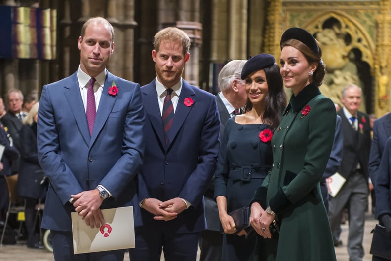 LONDON, ENGLAND - NOVEMBER 11: Prince William, Duke of Cambridge and Catherine, Duchess of Cambridge, Prince Harry, Duke of Sussex and Meghan, Duchess of Sussex attend a service marking the centenary of WW1 armistice at Westminster Abbey on November 11, 2