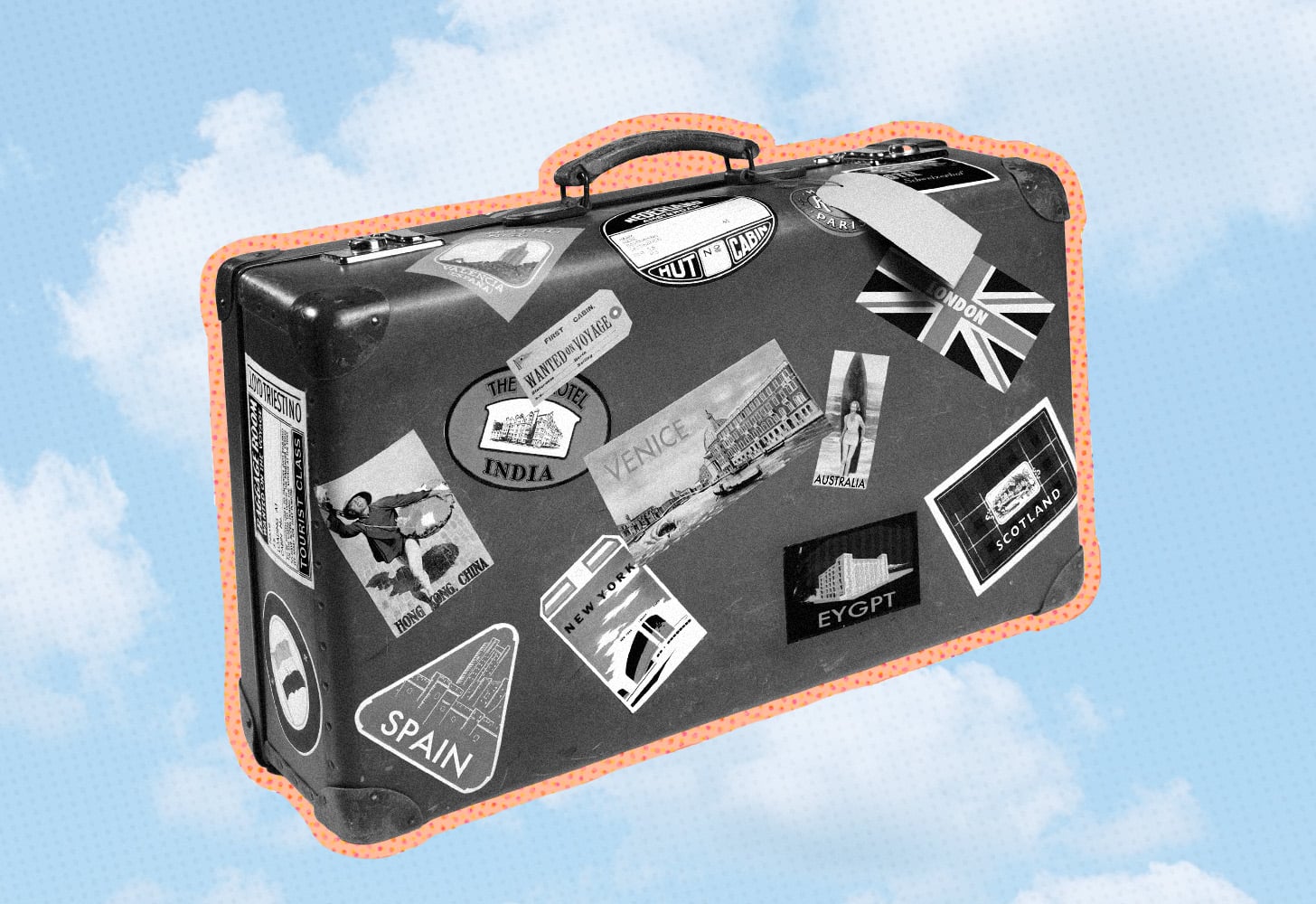 conceptual artwork of a suitcase covered in travel stickers backdropped by the sky