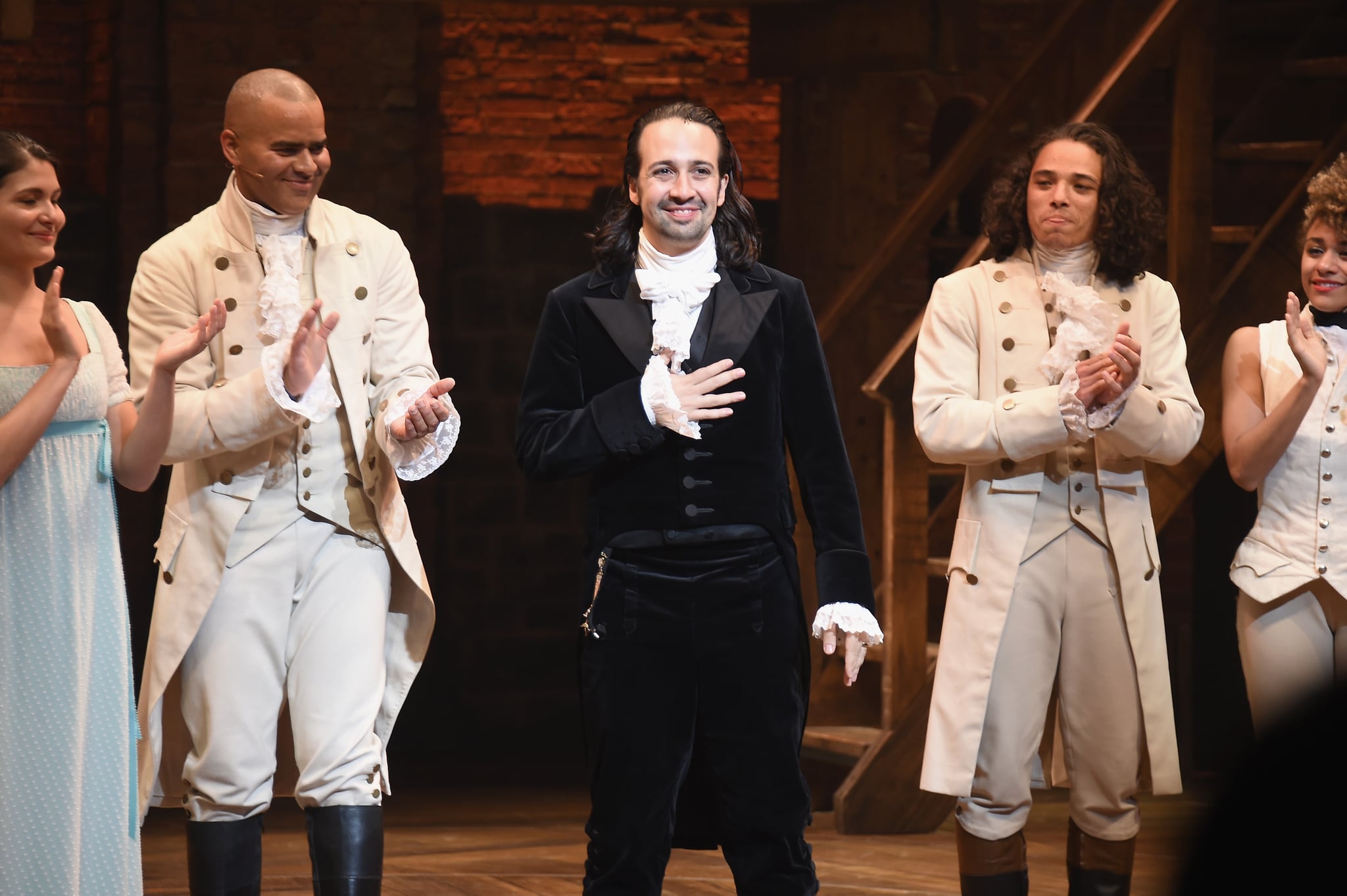 NEW YORK, NY - JULY 09: (L-R) Phillipa Soo, Christopher Jackson, Lin-Manuel Miranda and Anthony Ramos attend Lin-Manuel Miranda's final performance of 