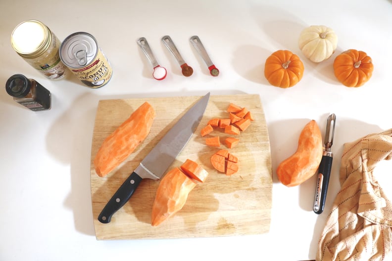 Peel and dice your sweet potatoes.