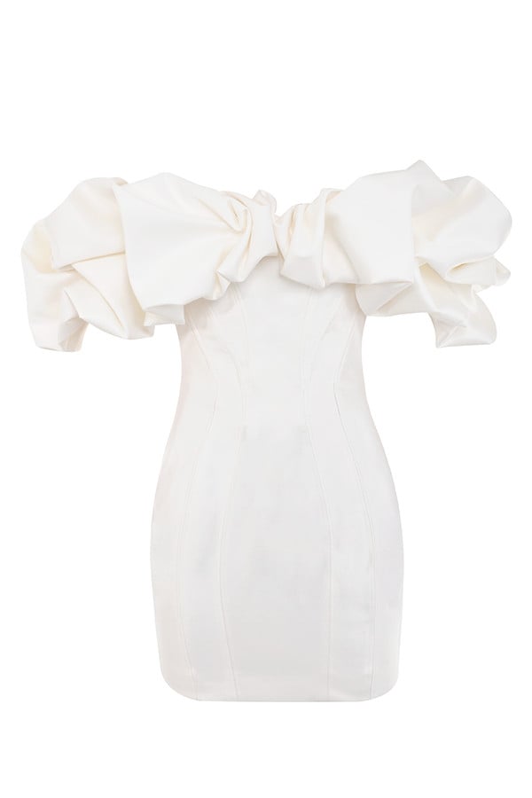 House of CB Selena Ivory Satin Ruffle Strapless Dress