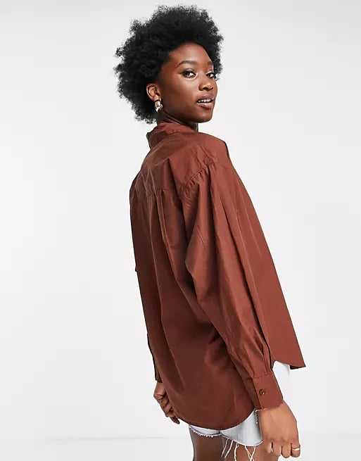 Stradivarius Oversized Poplin Shirt in Chocolate Brown