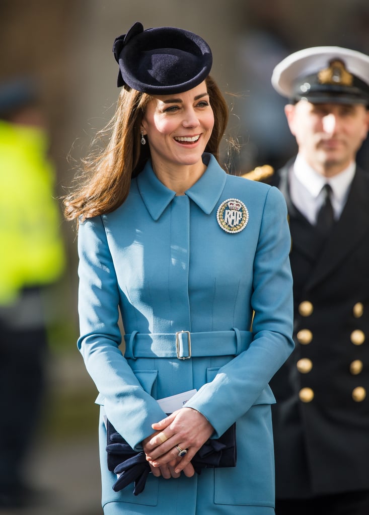 The Duchess of Cambridge was all smiles when she arrived at St. Clement Danes Church in London for the 75th anniversary of the Royal Air Force Air Cadets on Sunday. At the event, which marks her first engagement as honourary air commandant of the Air Cadets, she donned a sparkly Air Cadets Dacre brooch, which is usually given to the best female cadet, and revealed to cadet Lucinda Conder that Prince George "is now obsessed with the Air Cadets and wants to join." In December 2015, Kate followed in the footsteps of Prince Philip, Prince William's grandfather, when she was made the honourary air commandant by the Duke of Edinburgh, who served as air commodore-in-chief for 63 years. Keep reading to see more of Kate's latest outing, and then check out the big responsibility Queen Elizabeth II just passed on to the duchess.