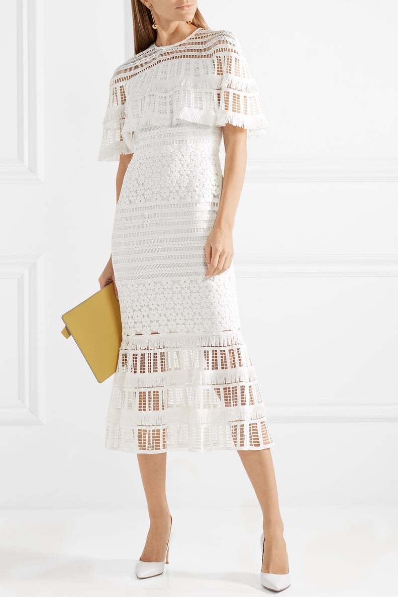 Lela Rose Fringed Crocheted Lace Midi Dress