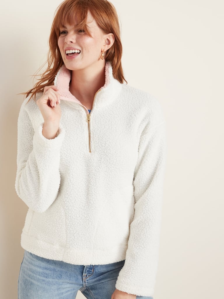 Old Navy Plush Sherpa 1 4 Zip Pullover The Coziest Sherpa Pullover Sweatshirt Editor Review