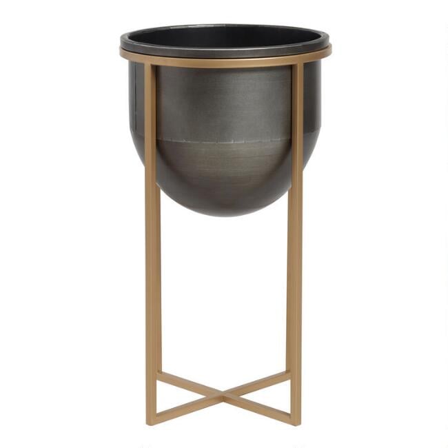 Blackened Metal Planter on Gold Stand