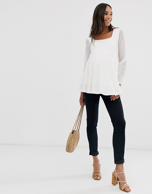 ASOS DESIGN Maternity square neck top with mesh sleeve in cream | ASOS
