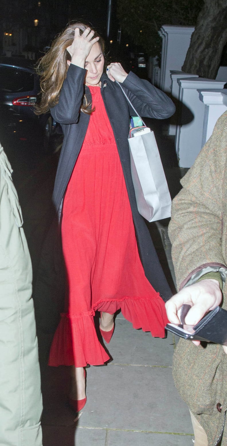 Kate Wore Her Red Alexander McQueen Dress Under a Long Black Coat