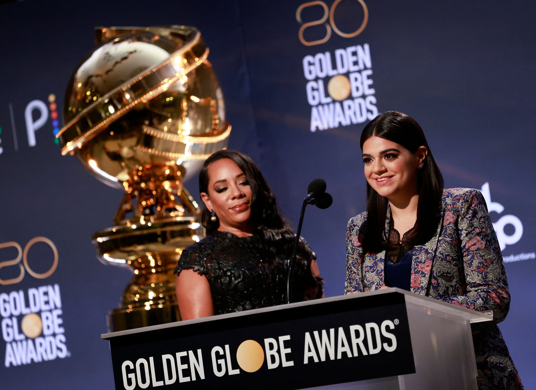 US actress Selenis Leyva (L) and US actress Mayan Lopez speak during the unveiling of the nominations for the 80th Golden Globe awards, in Berverly Hills, California, on December 12, 2022. - Irish black comedy 