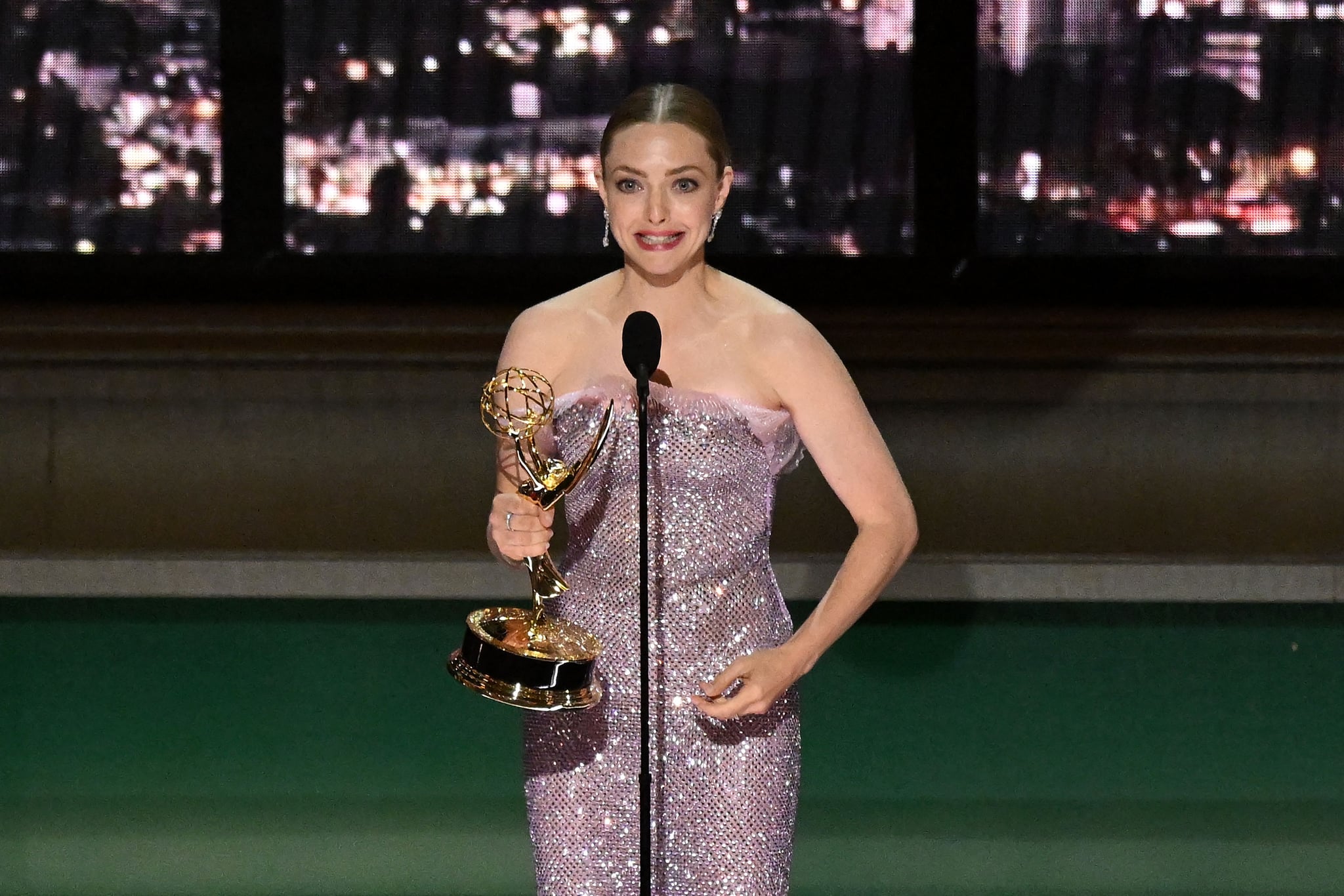 US actress Amanda Seyfried accepts the award for Outstanding Lead Actress In A Limited Or Anthology Series Or Movie for 