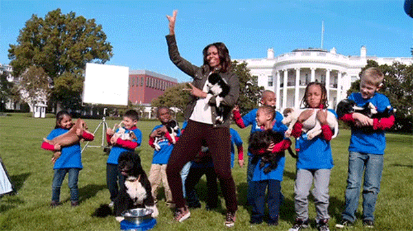 Michelle broke out her best touchdown dance with a bunch of pint-size Puppy Bowl coaches in 2014 as Bo looked on.