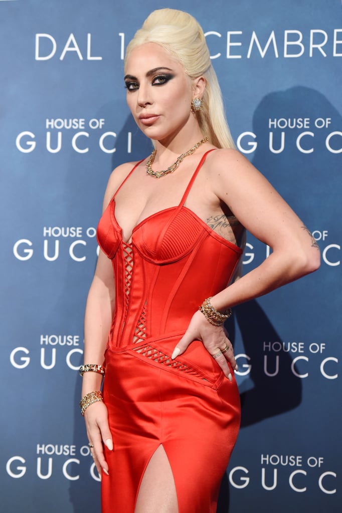 See All Angles of Lady Gaga's Sexy Red Versace Corset Dress