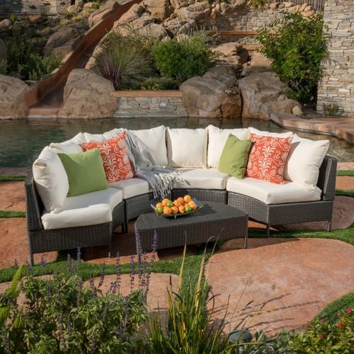 Nicos 5-Piece Gray Wicker Sofa Set with White Cushions