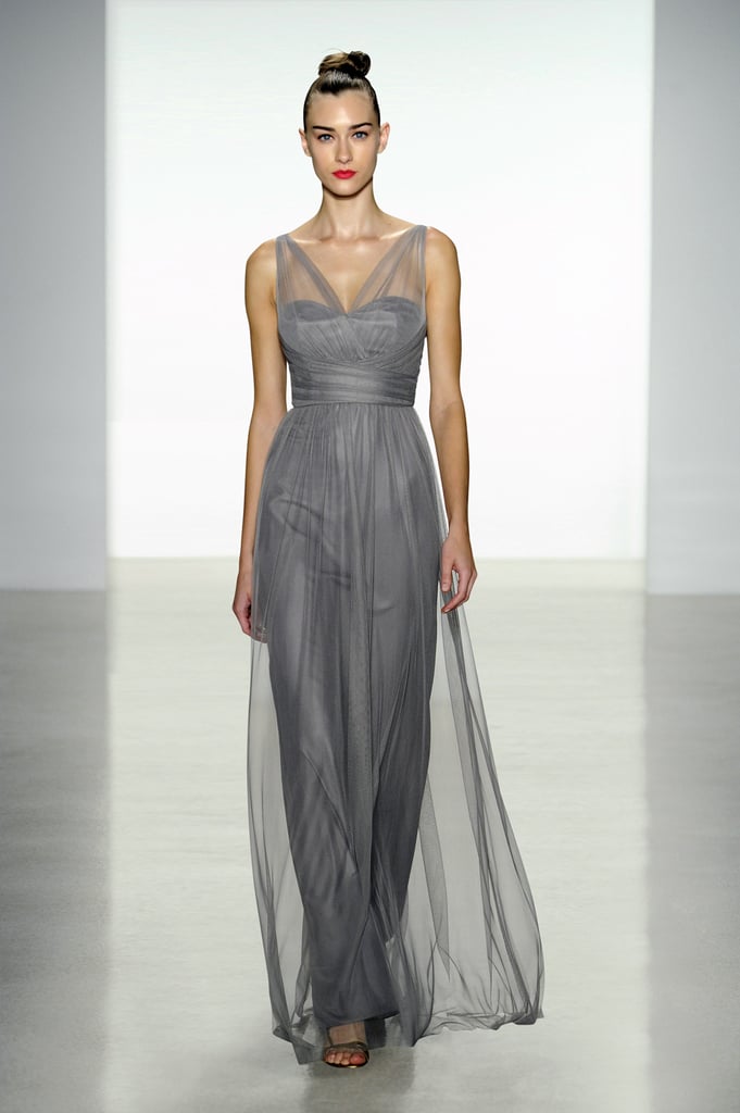 Amsale tulle v-neck long bridesmaid dress in graphite
Photo courtesy of Amsale