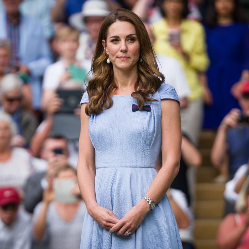 LONDON, ENGLAND - JULY 14: Catherine Duchess of Cambridge looks on after the Men's Singles final between Novak Djokovic of Serbia and Roger Federer of Switzerland during Day thirteen of The Championships - Wimbledon 2019 at All England Lawn Tennis and Cro