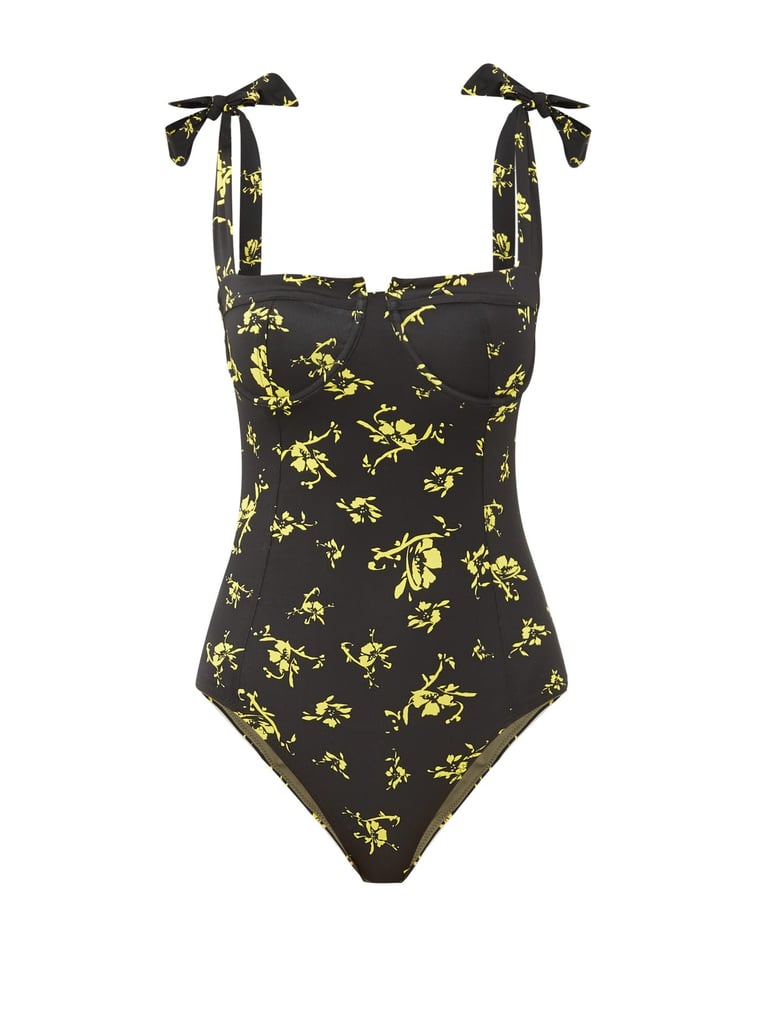 Ganni Bow-Strap Floral-Print Swimsuit