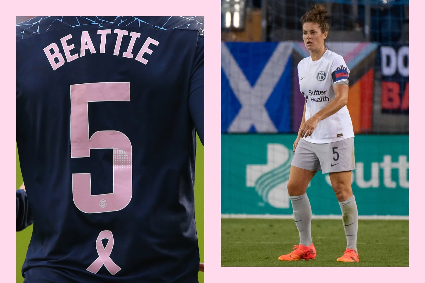 Jen Beattie on the soccer field side-by-side a Jen Beattie breast cancer jersey. Jen Beattie on the soccer field side-by-side a Jen Beattie breast cancer jersey.