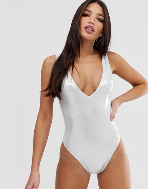 ASOS Design Tall Silver Wetlook Metallic Plunge Swimsuit