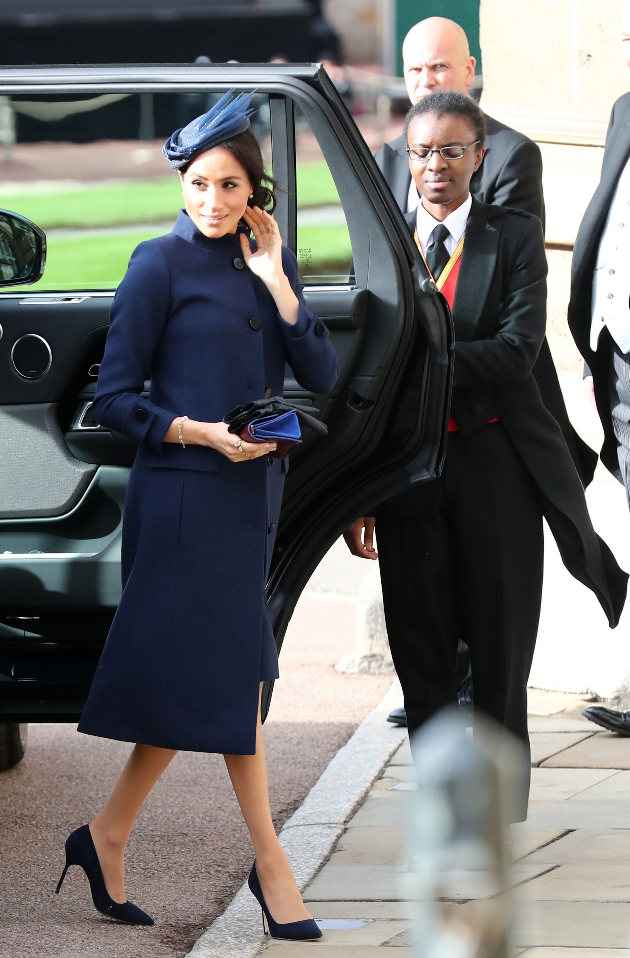 WINDSOR, ENGLAND - OCTOBER 12: Meghan, Duchess of Sussex arrives ahead of the wedding of Princess Eugenie of York to Jack Brooksbank at Windsor Castle on October 12, 2018 in Windsor, England. (Photo by Gareth Fuller - WPA Pool/Getty Images)