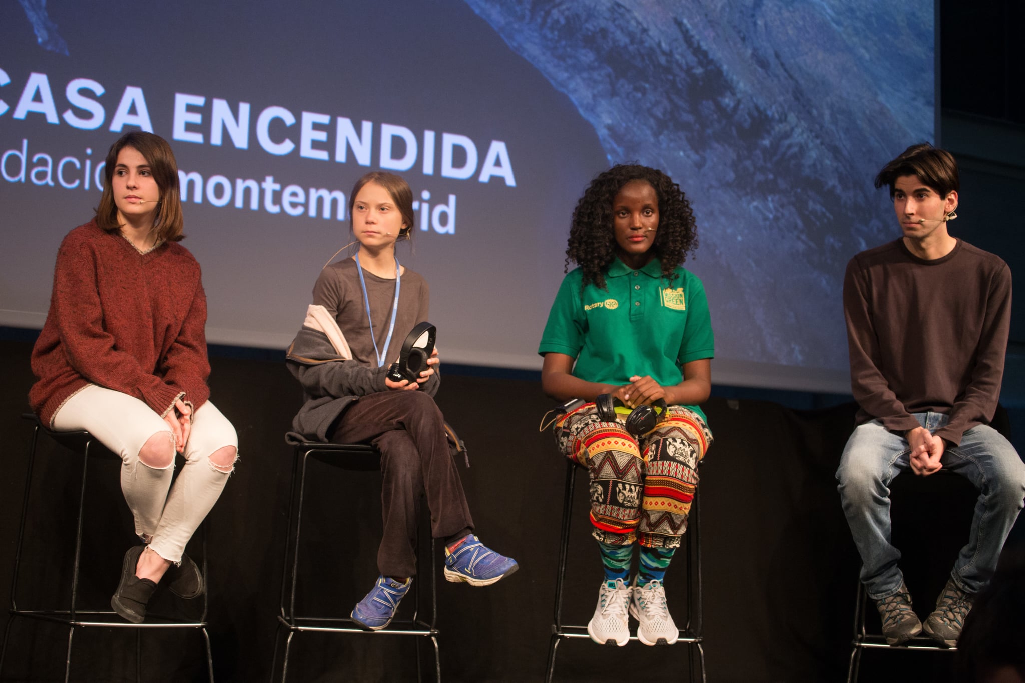 MADRID, SPAIN - 2019/12/06: From left to right, Shari Crepi (Fridays for Future Spain), Greta Thunberg (Fridays for Future Sweden), Vanessa Nakate (Fridays for Future Uganda) and Alejandro Martinez (Fridays for Future International Spain) attend a press conference.Press conference of the Swedish activist of Fridays for Future, climate change, Greta Thunberg after participating in the COP25 in Madrid before the climate change protest. (Photo by Lito Lizana/SOPA Images/LightRocket via Getty Images)