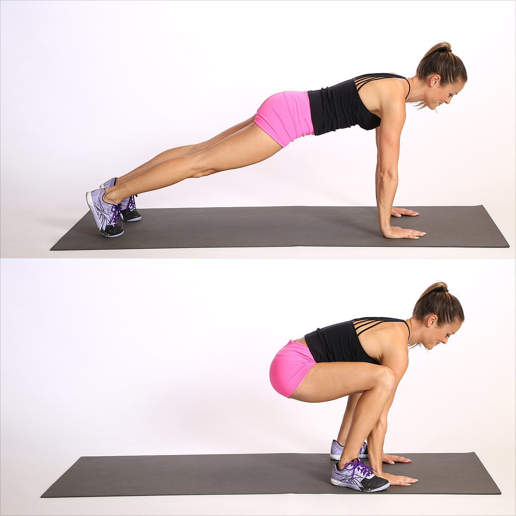 Frogger: This plank-to-squat move seems simple, but you'll feel it as you do your 30-second bursts. Begin in a plank position. Jump your feet to the outside of your hands, coming into a deep squat and keeping your hands on the floor, then jump back to plank. Repeat in a quick succession (above). Running up stairs. Run up and down the stairs at home or at your office — you'll get the added bonus of a toned backside. Walking lunges. These lunges help you develop balance while strengthening your core and lower body. Do these briskly, but make sure your form stays correct to prevent knee or ankle strain. Here's how to do a perfect walking lunge. High knees: Run in place while engaging your core and pumping your arms. The goal should be to keep your knees high and maintain an upright posture as you do your speed bursts.