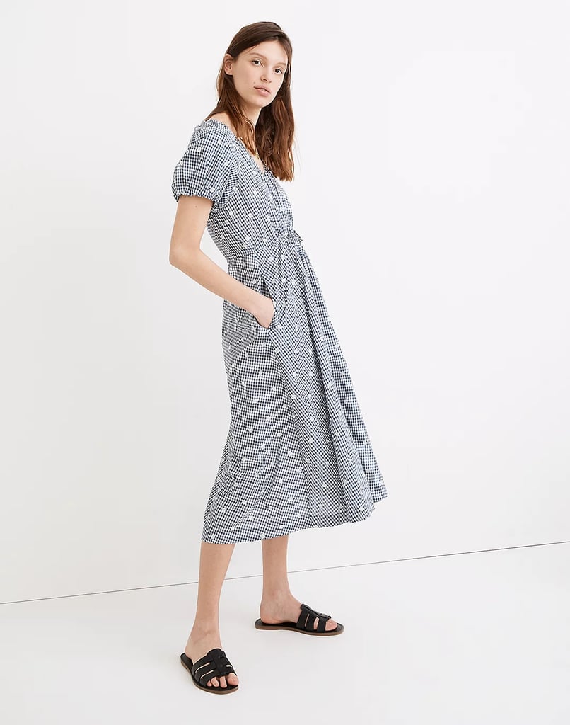 Coastal-Grandmother Outfit Ideas: Madewell Embroidered Gingham Faux-Wrap Tie-Waist Midi Dress