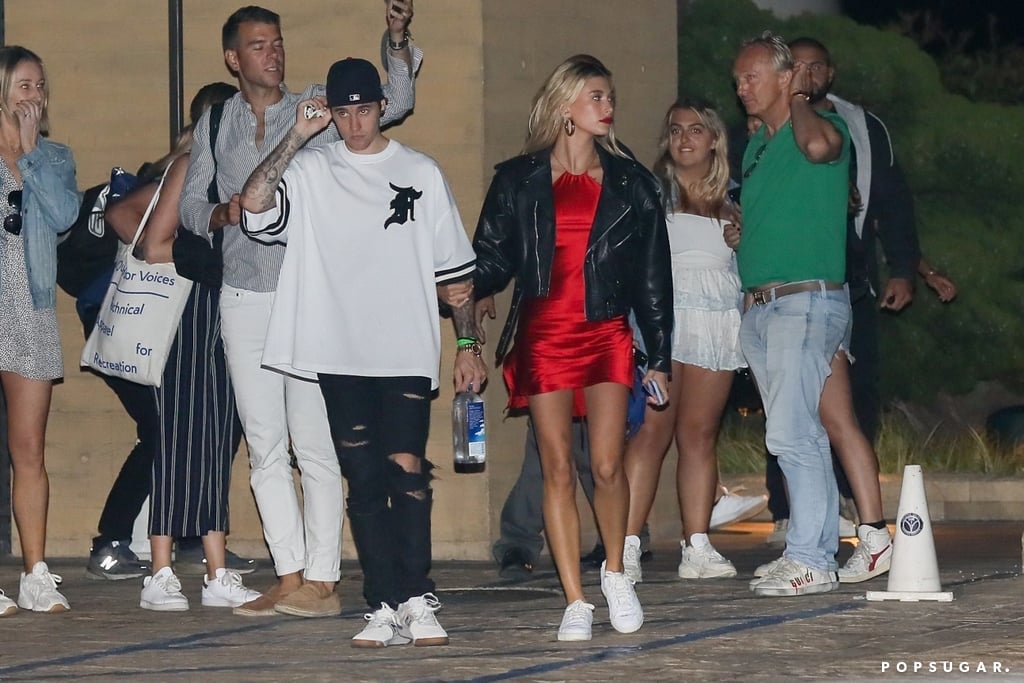 Hailey Baldwin Red Dress and Leather Jacket With Justin 2019