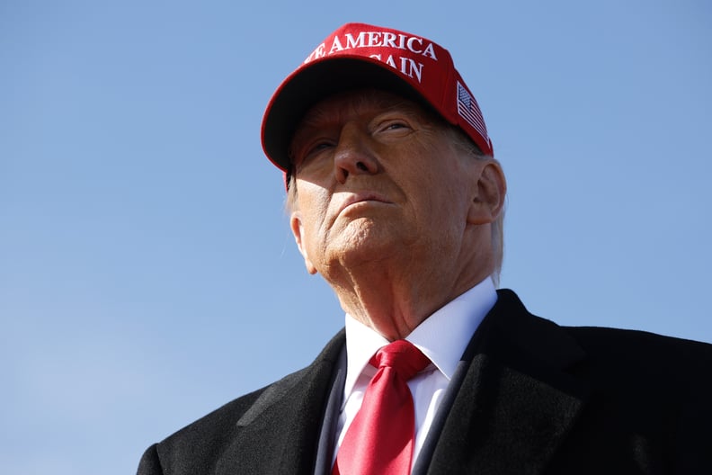LITITZ, PENNSYLVANIA - NOVEMBER 03: Republican presidential nominee, former U.S. President Donald Trump arrives for a campaign rally at Lancaster Airport on November 03, 2024 in Lititz, Pennsylvania. With only two days until the election, Trump is campaig