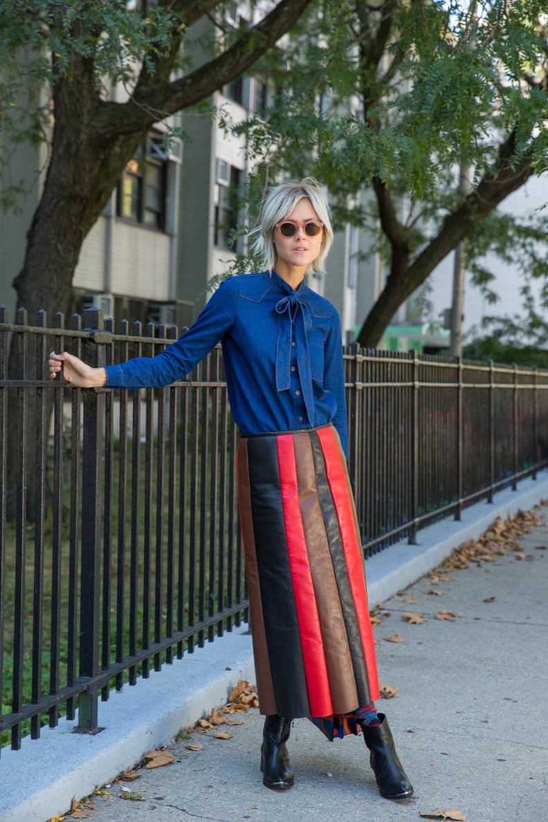 A Midi Skirt and Pussy-Bow Blouse in Unexpected Materials