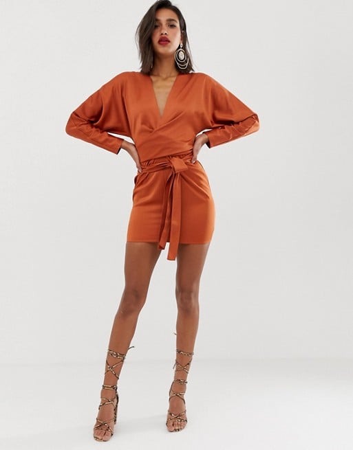 ASOS Design Mini Dress With Batwing Sleeve and Wrap Waist in Satin